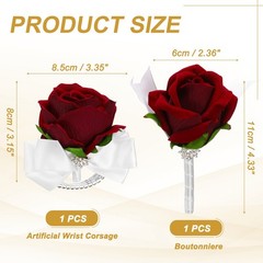 2Pcs Wrist Corsage Boutonnieres Set with White Ribbon, Wine Red