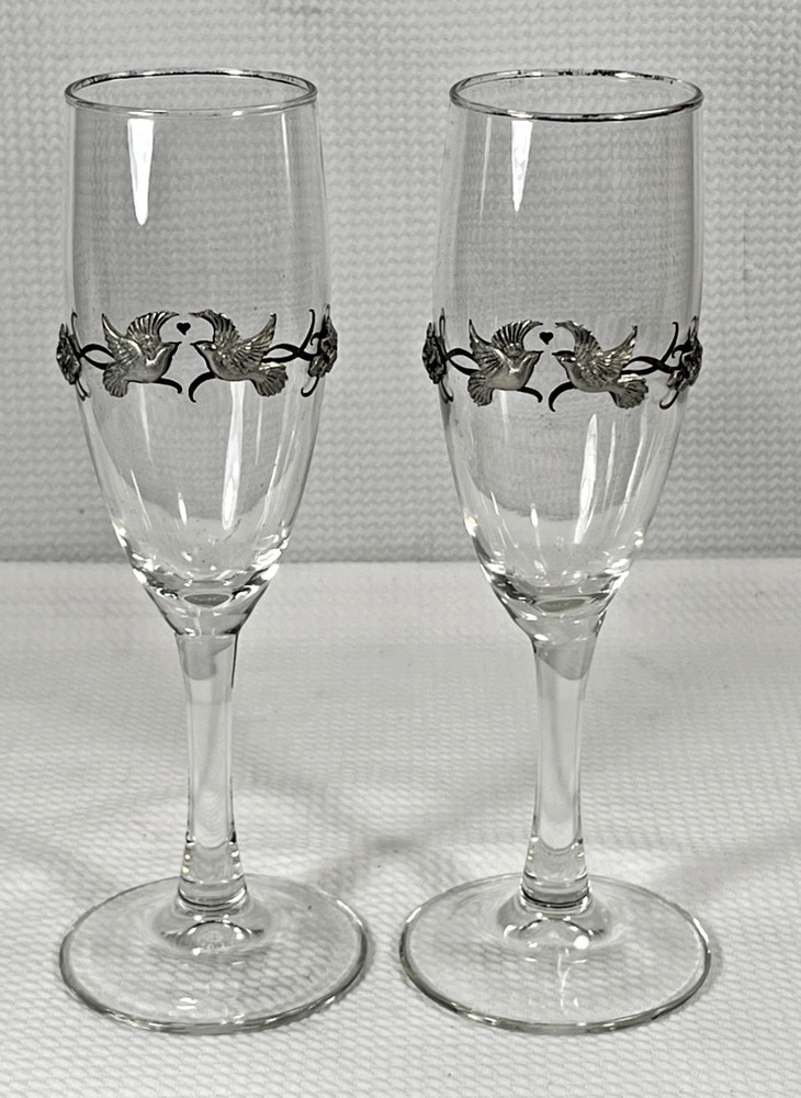 Pair Champagne Flutes Pewter Overlay Doves Heart Wedding Toast Glass