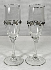 Pair Champagne Flutes Pewter Overlay Doves Heart Wedding Toast Glass