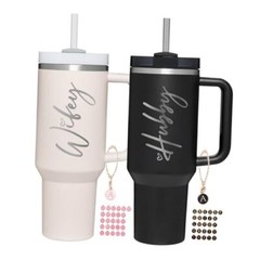 Wifey Hubby 40 oz Tumbler Cup for Couples with Handle Lids Straws Letter Charm