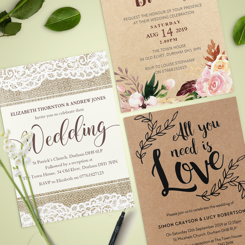 Personalised Wedding Day / Evening Invitations with Envelopes (W1)