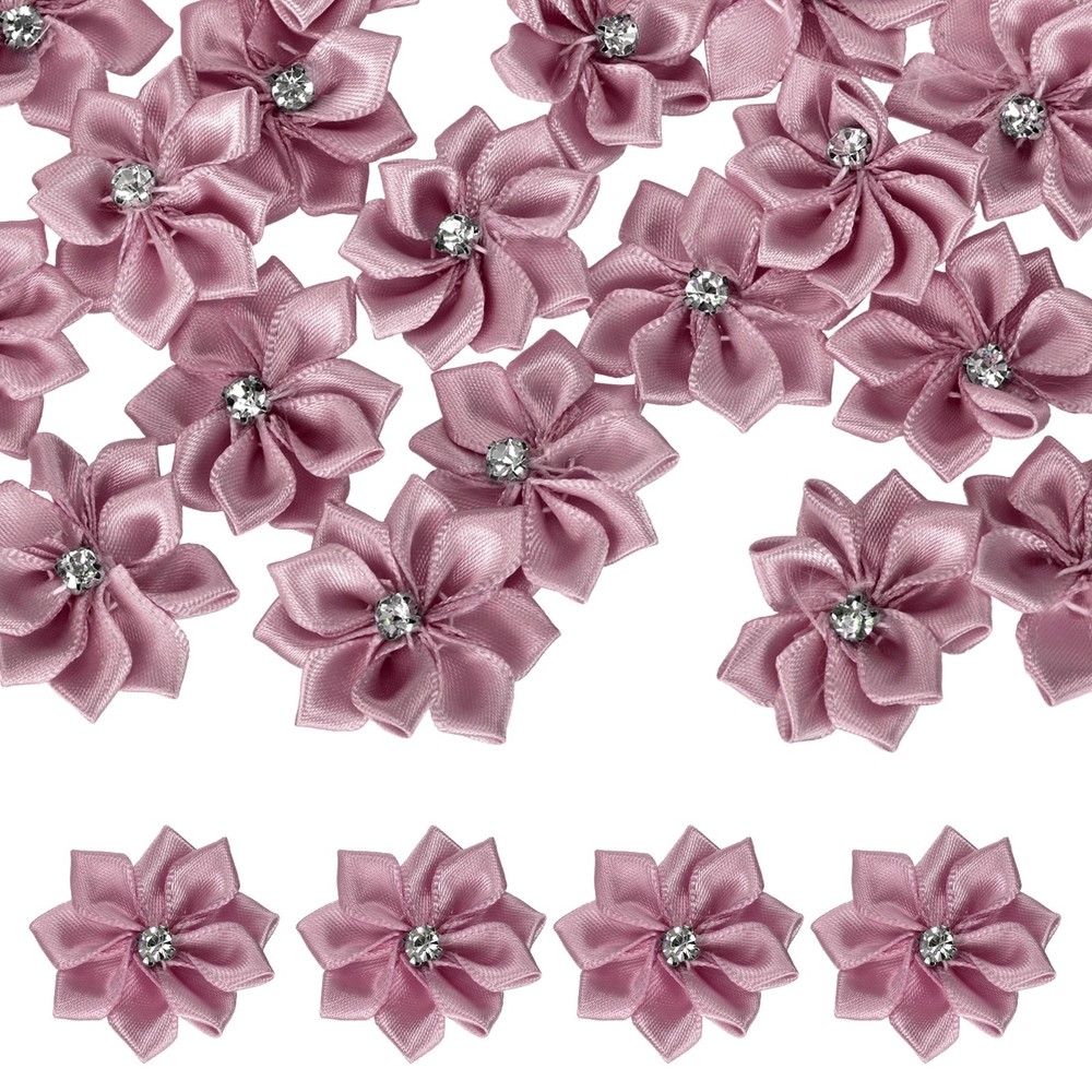 100 Pcs Ribbon Flowers, 1.2 in Fabric Flowers with Rhinestones, Dusty Rose