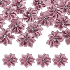 100 Pcs Ribbon Flowers, 1.2 in Fabric Flowers with Rhinestones, Dusty Rose