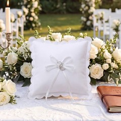 Wedding Ring Pillow 9 x 9 Inch White Scalloped Ring Bearer Pillows with Bow C…