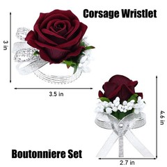 2Pcs Burgundy Rose Corsage and Boutonniere Set, Artificial Wrist Corsage Wris…