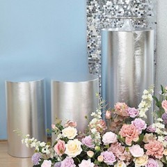 5 SILVER Fitted Metallic Spandex Cylinder Display STAND COVER Set Party Events