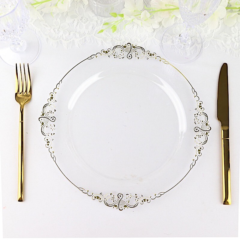 10 CLEAR GOLD 10″ Round Plastic Salad Dinner PLATES Embossed Baroque Rim Party