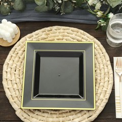 10 Plastic Black 10″ Square Plates with Gold Rim Disposable Party Wedding SALE