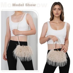 Clutch Purse for Women Fluffy Feather Evening bags Pearl Handbag Vintage Shou…