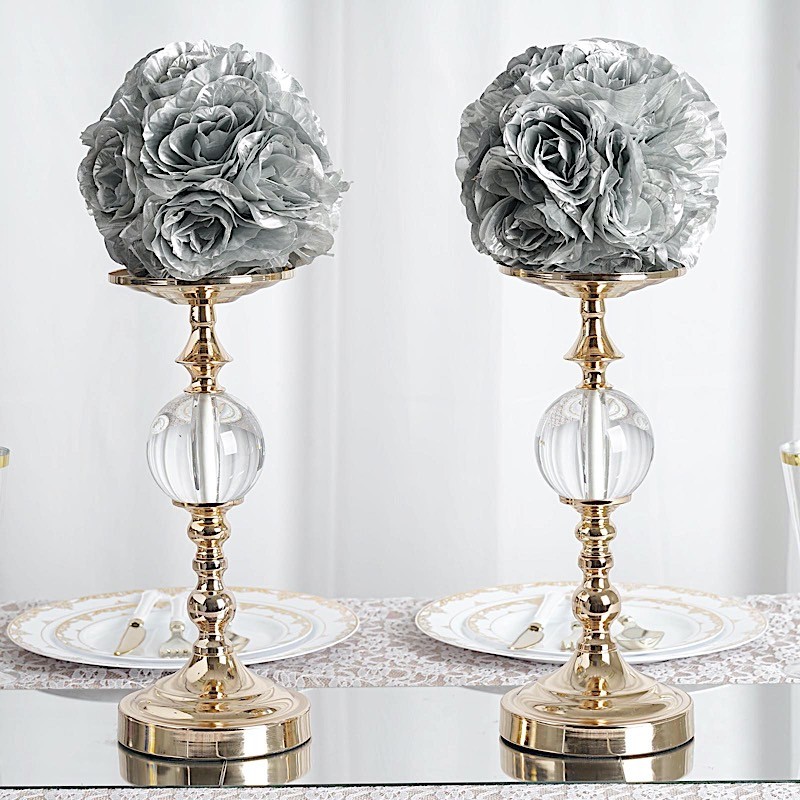 2 SILVER 7″ Silk Roses Flowers Kissing Balls Wedding Party Events Centerpieces
