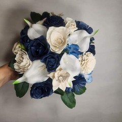 Navy Blue Ivory Rose Sola Wood Bridal Wedding Bouquet Accessories