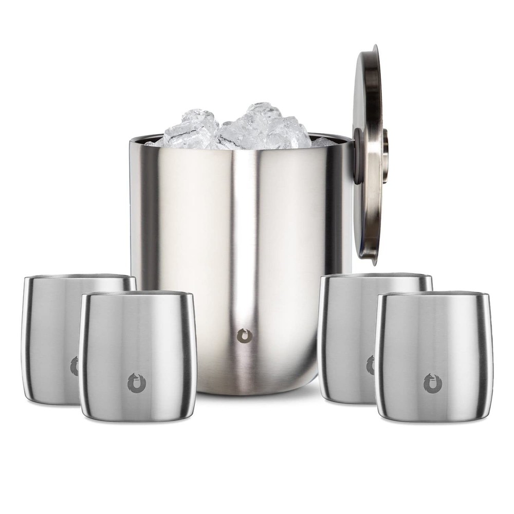 SNOWFOX Insulated Whiskey Glasses Set of 4 (11oz) & Ice Bucket with Lid /Tong…