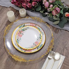25 White Round Paper Plates Floral Design Gold Rim Party Events Home Tableware