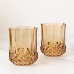6 pcs Amber Gold 8 oz Crystal Cut Plastic Stemless Wine Glasses Disposable