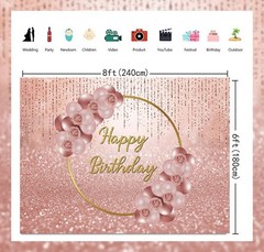 Pink Rose Gold Happy Birthday Backdrop Glitter Rose Gold Floral Balloon Bokeh…
