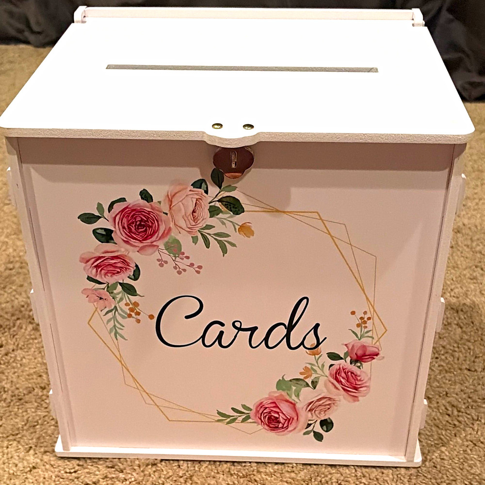 Grad/wedding Card Box w/ Slot Rectangle Floral «Cards» Pink Green Gold