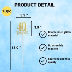 Fabulous 40 Centerpiece Sticks, 10 Pcs Gold 40th 3.9 inches x 14 inches,