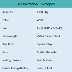 1000 Pcs White A2 Invitation Envelopes, Peel & Press Self Seal, 4 3/8 x 5 3/4 Sq
