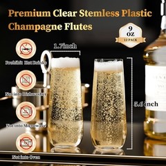 12 Pack Stemless Plastic Champagne Flutes, 9 oz Disposable 12-Pack Clear