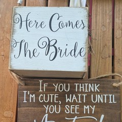 Wood Wedding Signs Set, Reusable Hanging Decorations, White Brown, 5 Pieces