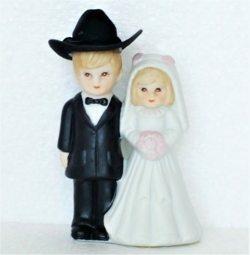 Wedding Cake Topper Figurine Porcelain Bride & Groom Western Cowboy