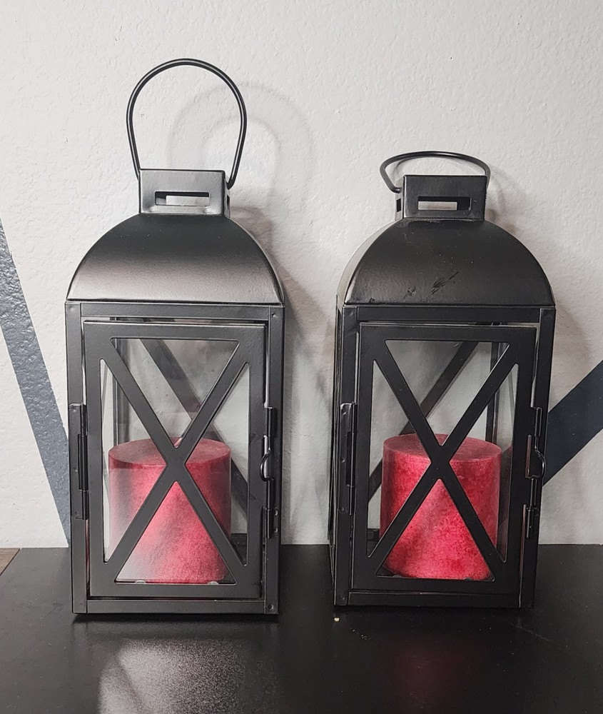 Set of 2 Black Decorative Candle Lanterns Aluminum Metal And Glass With Candles