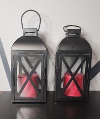 Set of 2 Black Decorative Candle Lanterns Aluminum Metal And Glass With Candles