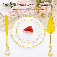 Gold Cake Cutting Set, 2 PCS Wedding Cake Knife and Server Set, Vintage Engra…