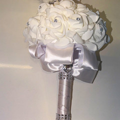 Artificial White Rose Wedding Bouquet 9in w/ Satin Ribbon Handle & Rhinestones