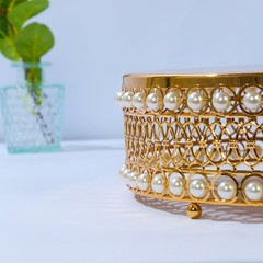 3 Gold Pearl Beaded Metal Cake Stands Mirror Top Party Event Decoration Supplies