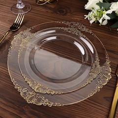 10 CLEAR GOLD 10″ Round Plastic Salad Dinner PLATES Embossed Baroque Rim Party