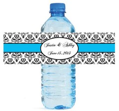 100 Damask 1 Blue Wedding Anniversary Baby Shower Water Bottle Labels