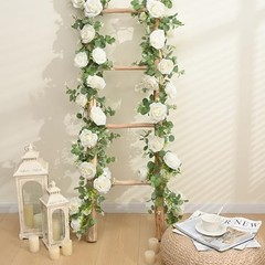 2Pcs 13Ft Artificial Eucalyptus Garlands with Flowers – 8 2 Pcs White Rose