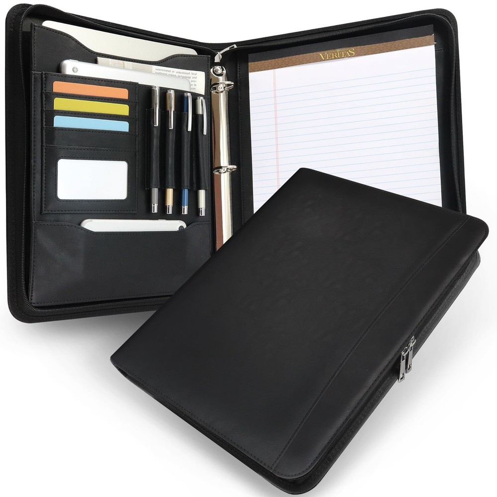 Faux Leather Zippered Padfolio with 3 Ring Binder, Executive Portfolio Organi…