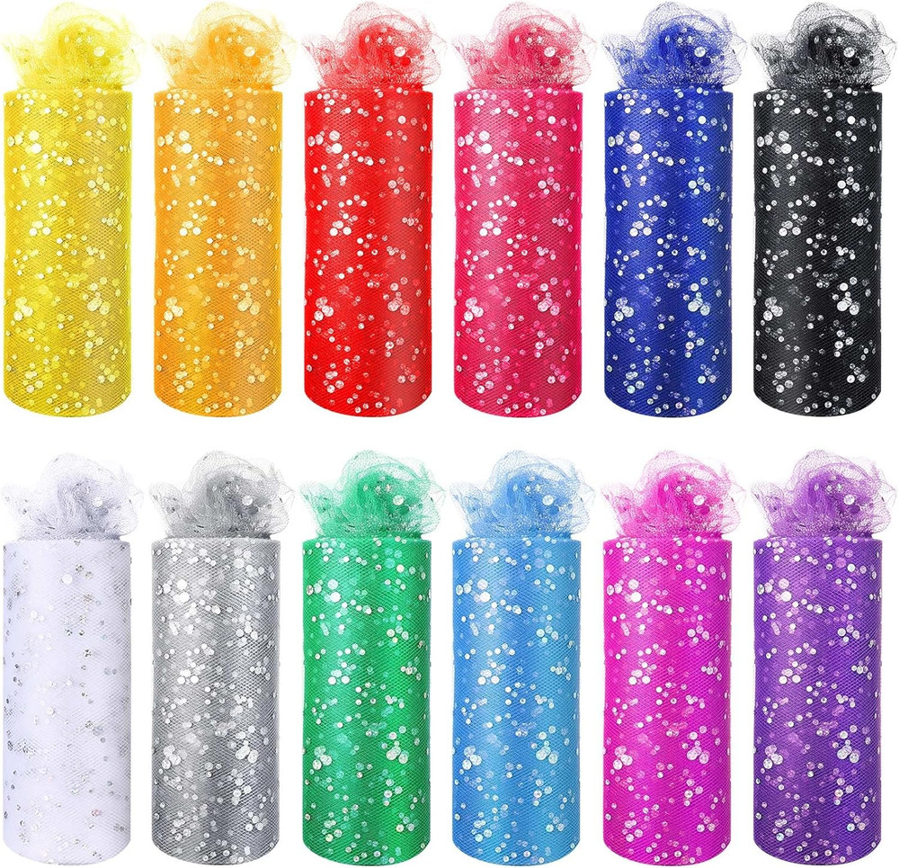 12 Pcs Rainbow Glitter Tulle Rolls 6 Inch by 10 Yards 30 Feet Glitter Tulle Roll