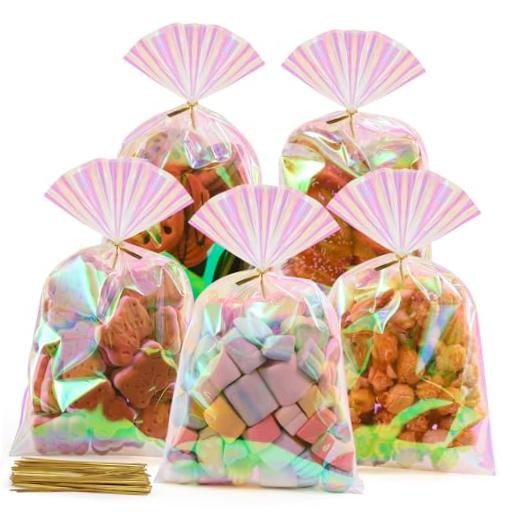 Cellophane Bags, 100 Pcs 6×10 Inches Clear Treat Bags with Iridescent Pink