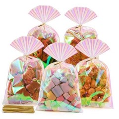 Cellophane Bags, 100 Pcs 6×10 Inches Clear Treat Bags with Iridescent Pink