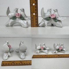 2 Vtg White Figurines Birds Doves Roses Leaves Branch Wedding Tabletop Deco Gold