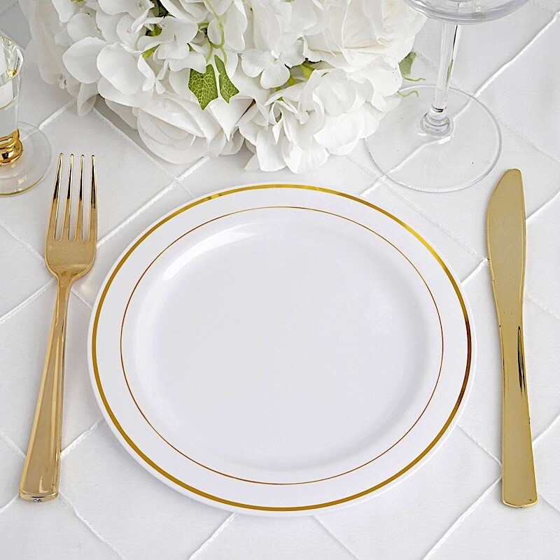 Plastic WHITE with Gold Rim 8″ PLATES Disposable Party Wedding WHOLESALE