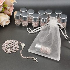 US 12 Pink Clear Rosary Necklace in Glass Silver Jar Perfect for Gifts for Guest
