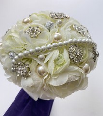 Handmade Wedding Bouquet White Light Green Pearl Artificial Flower Bling Bridal
