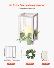 VEVOR 12 Set Wooden Wedding Lantern with LED Candles and Eucalyptus Wreath White