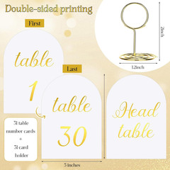 White and Gold Table Numbers 1-30 with Head Table Number Card and Holders, 5 X 7