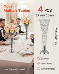 4PCS Silver Crystal Vases, 20in Tall Metal-Base Floral Centerpieces for Events