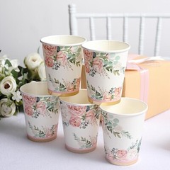 24 WHITE 9 oz Pink Peony Flower Design PAPER CUPS Party Events Home Decorations