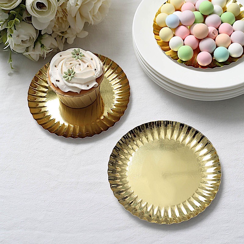 GOLD 50 Round 5″ Metallic Paper DESSERT PLATES Scalloped Rim Party Decorations