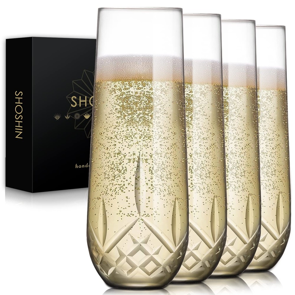 SHOSHIN Stemless Champagne Flutes Crystal, Hand 2.1inch * 6.1inch, Classic