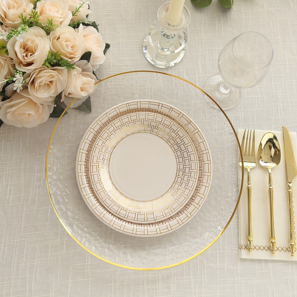 25 WHITE 7″ Paper PLATES GOLD Basketweave Design Rim Party Events Home Tableware