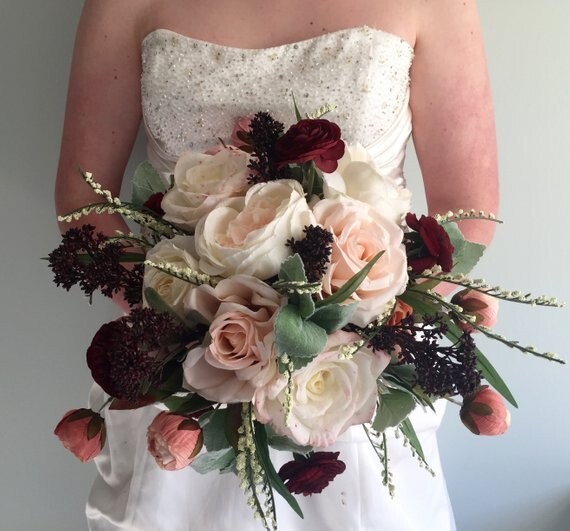 Bridal Bouquet Spray Peonies Roses Burgundy Peach White Sateen Wrapped Stems