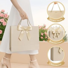 Gift Bags Medium with Handles with Ribbon 1 count (Pack of 1) Champagne Beige